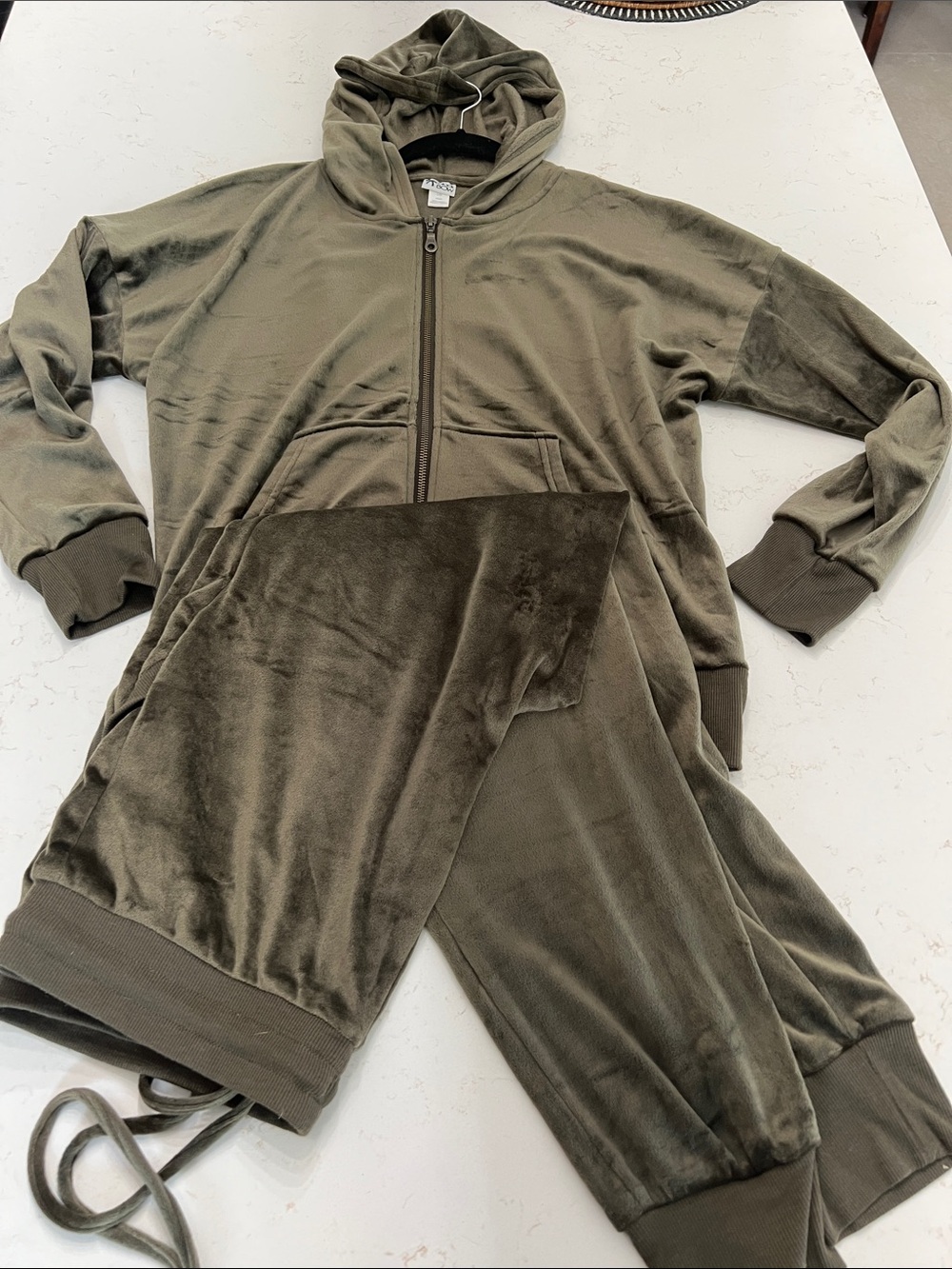 Velour Zip Hoodie and Jogger Set - Olive